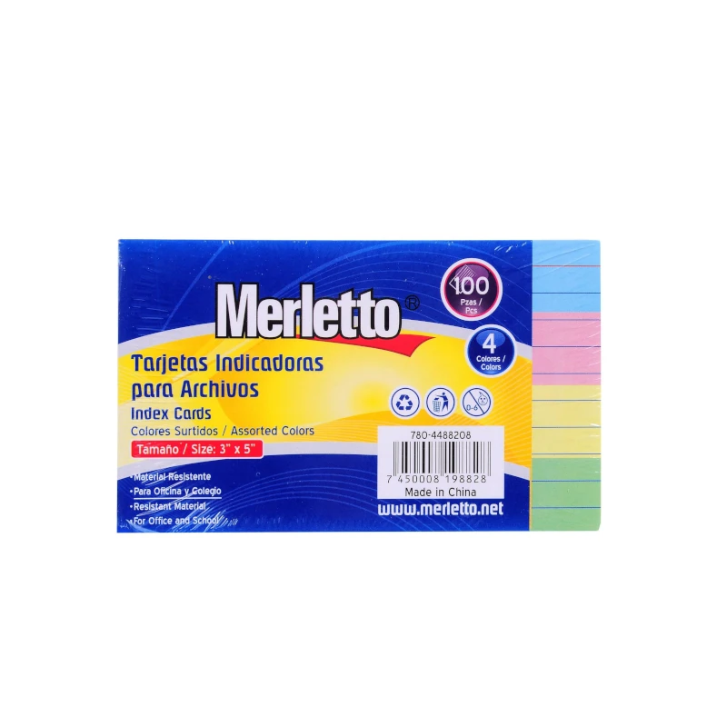 Index Card 3x5 Rayada Paquete 100 Colores V. Merletto