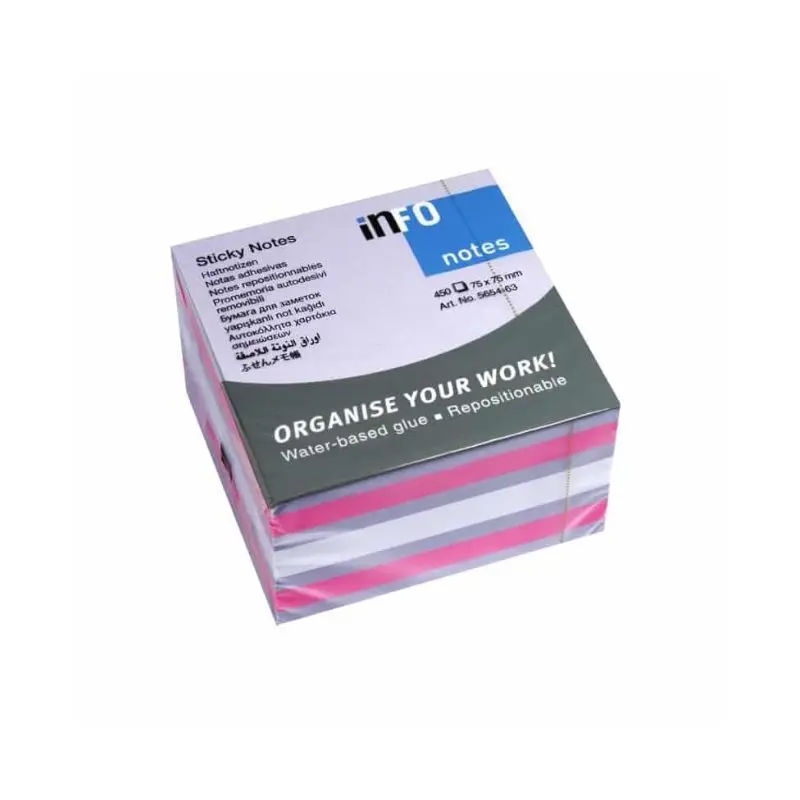 Nota Adhesiva Infonote 3X3 Surtido Cubo Rosa/Lila/Blanco 5654-63 450 Hjs