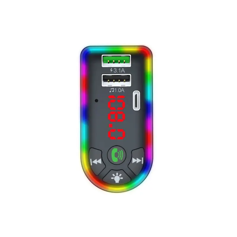 Transmisor Para Auto Bluetooth Llamadas Cargador 2Usb-A 1Usb-C Con Luz Audiobox