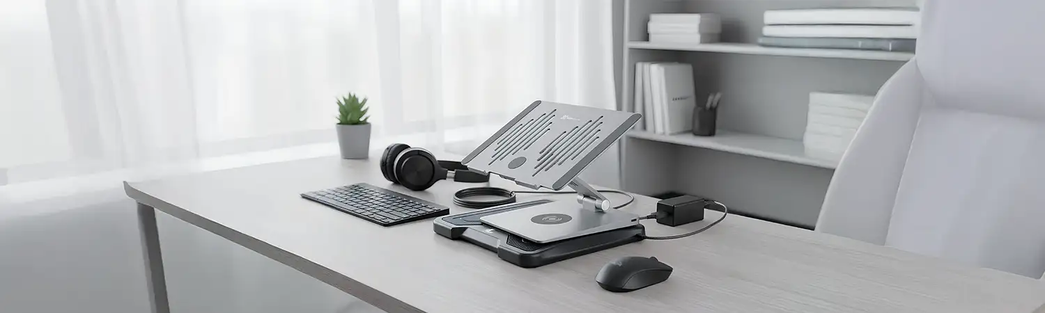 Accesorios para laptop y conectividad en estudio