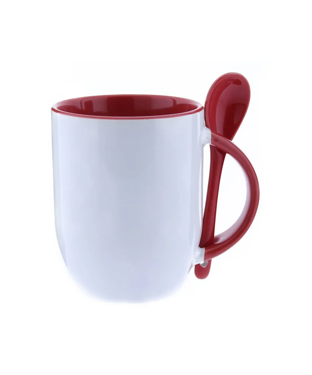 Taza Ceramica Para Sublimar 12Oz Agarrador E Interior Rojo Con Cuchara